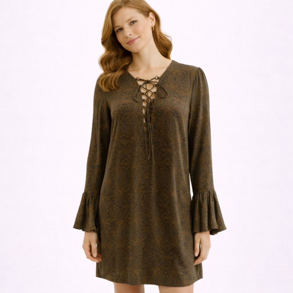 100% Silk Franklin Mini Stone Cold Fox Green Multi Bell Sleeve 2